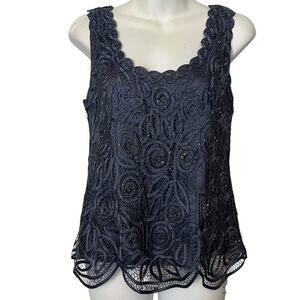 Soulmates Silk Whimsigoth Beaded Crochet Sleeveless Top Soutache Navy Satin sz S